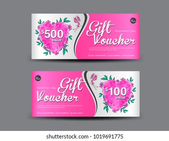 Valentine's Day Gift Voucher template layout, business flyer design, certificate, coupon, ticket, Discount card, pink heart icon, banner vector illustration