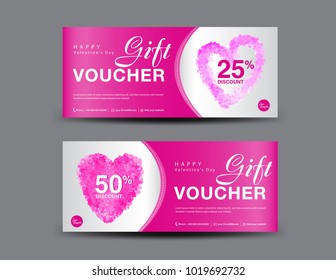 Valentine's Day Gift Voucher template layout, business flyer design, certificate, coupon, ticket, Discount card, pink heart icon, banner vector illustration