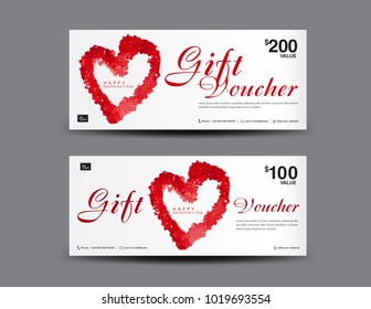 Valentine's Day Gift Voucher template layout, business flyer design, certificate, coupon, ticket, Discount card, Red heart icon, banner vector illustration