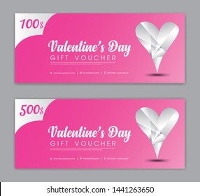 Valentine's Day Gift Voucher template, Coupon, discount, Sale banner, Horizontal  layout, discount cards, headers, website, Pink background, vector illustration EPS10