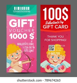 Valentine's Day Gift Voucher Vector. Vertical Coupon. February 14. Valentine Cupid And Gifts. Shopping Advertisement. Business Love Gift Red Illustration

