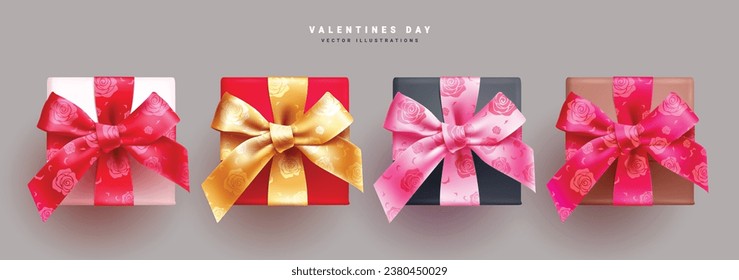 Diseño vectorial de caja de regalos de San Valentín. Cajas de regalo de San Valentín con estampado de flores de cinta para el cumpleaños, boda y colección de elementos decorativos de navidad. Caja de regalo de vacaciones de ilustración de vector 