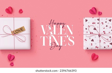 Valentine's day gifts box vector design. Happy valentine's day greeting card with gift boxes surprise elements and heart decoration. Vector illustration hearts day holiday design. 
