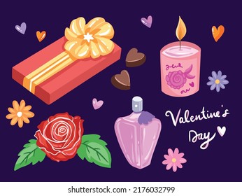 Valentine's Day gifts for girl. Feminine gift from rose, aromatherapy cacndle, perfume, flower, and chocolate vector illustration with flat style drawing set collection