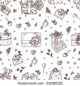 Valentine's Day Gifts - hand drawn doodle Seamless pattern. Black and white festive background.