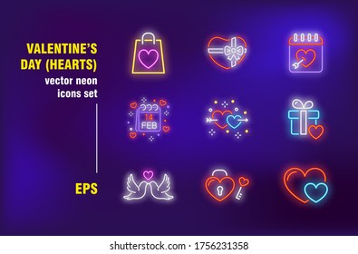 Valentines day gifts neon signs set. Shopping bag, present boxes, hearts, package. Night bright advertising. Vector illustration in neon style for sale banners, promo posters, flyers design