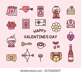 Valentine's Day gifts and romantic objects. Simple and cute icon illustrations with outlines.