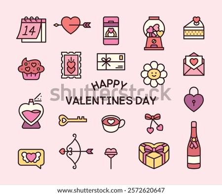 Valentine's Day gifts and romantic objects. Simple and cute icon illustrations with outlines.