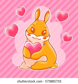 Valentine's day. Ginger rabbit holding a heart in his paws. Vector illustration