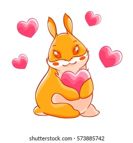 Valentine's day. Ginger rabbit holding a heart in his paws. Card. T-shirt print.