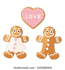 Valentines day. Gingerbread heart. Gingerbread couple. Holiday cookie in shape of heart. Illustration for valentine's day, wedding. Vector illustration.