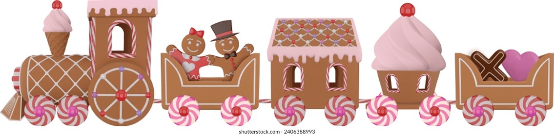 valentine's day gingerbread train with gingerbread man, gingerbread woman and chocolates. isolated gingerbread train 