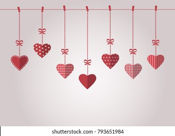 Valentine's day Gingham hearts hanging on vintage background, flat style illustrator vector