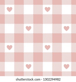 Valentine's Day Gingham / Vichy Check Plaid Pattern In Pink For Romantic Cloth Designs. Seamless Tile With Light Pink Hearts. Striped Texture.