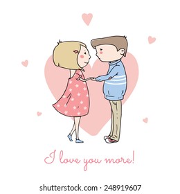 Valentine's Day. Girl and boy in love. Background with hearts. Hand drawn vector illustration.