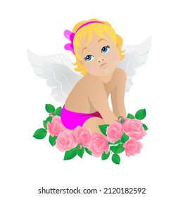 Valentine's Day. Girl child angel cupid with white wings, blond hair, blue eyes in pink clothes sits in rose flowers. Isolated vector illustration on white background