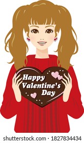 Valentine's Day - the girl gives a chocolate with her eyes opened.