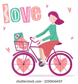 Valentine's day girl on a bike with letters