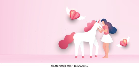 Valentine's Day girl with unicorn paper craft effect card.