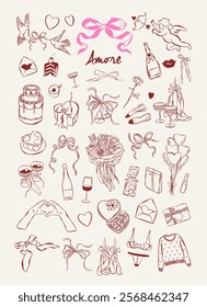 Valentines day girly fun whimsy doodles. Valentine core. Cute elements set. Red and pink coquette core cute romantic vintage illustration. Whimsical retro valentine icons.