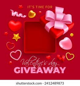 Valentine's day giveaway banner template. Cute cartoon 3d realistic open gift box on red background with hearts and tinsel. Flat lay composition. Vector illustration