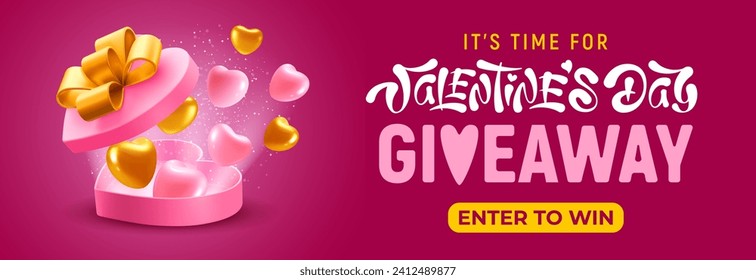 Valentine's day giveaway banner template. Cute cartoon 3d realistic heart shaped gift box with bow on pink background. Hearts flying out from open gift box. Vector illustration