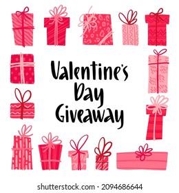 Valentine's Day Giveaway. Decorative template with lettering and love backdrop for social media contests and special offers. Banner for giveaway activity. Vector illustration for blog design.