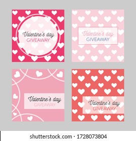 Valentine's day giveaway templates. Cute pastel social media banners with white hearts. Standard size: 1080*1080 px