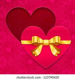 Valentines day glamour greeting card with cut out heart and golden bow