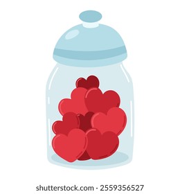 Valentine's Day glass jar filled with red hearts on white isolated background. Vector illustration in symbolic sweet Valentine - hearts concept. For postcards, invitations, romantic decor.