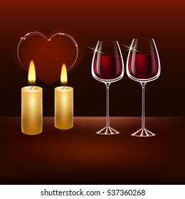 Valentine's Day. Glasses of wine, candles and heart.