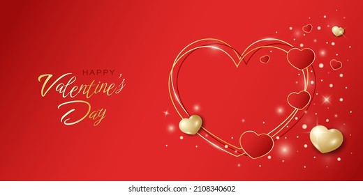 Banner vectorial del Día de San Valentín. Corazones brillantes rojos y dorados realistas sobre fondo rojo brillante de color. Diseño volumétrico y moderno. Mejor para la poligrafía, la impresión y la web. EPS10. 