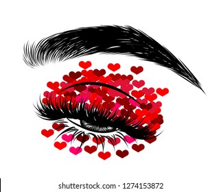 Valentines day glitter makeup . Hand drawn vector idea for business visit cards, templates, web, salon banners,brochures. Natural eyebrows and glam eyelashes