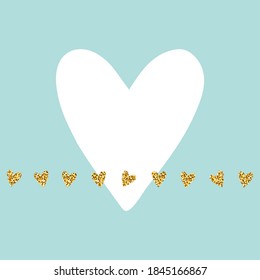 postal de San Valentín. Blanco, corazones dorados de fondo azul. Tira de espárragos brillantes, espacio de copia. Ilustración festiva vectorial para bodas. La tarjeta de San Valentín puede utilizarse como un patrón sin fisuras