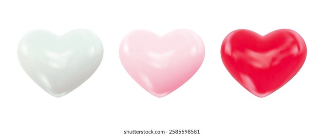 Valentines day glossy white, pink, red hearts. Collection of shiny 3d hearts representing love, romance. For design Valentines Day, wedding, romantic events. Vector Illustration