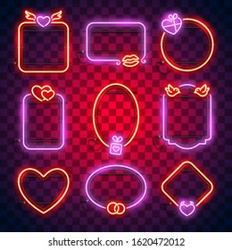 Valentines Day glowing neon frames set with hearts. Greeting card template. Vector clip art great for your holidays projects in retro-futuristic romantic style.