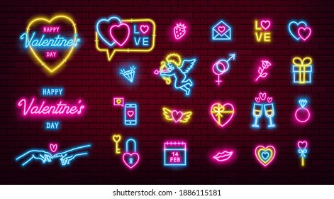 Valentines Day glowing neon icons pack. Vector EPS10