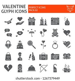 Valentines day glyph icon set, romance symbols collection, vector sketches, logo illustrations, love signs solid pictograms package isolated on white background, eps 10.