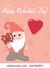 Valentine's day gnome with bouquet. Valentine card. Vector vertical illustration