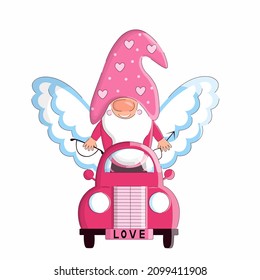 Valentines Day gnome Cupid in truck with bow and arrow. Vector holiday illustration