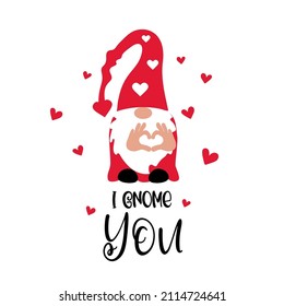 Valentine's day Gnome with hand heart sign on white background. Scandinavian Nordic Gnomes collection. Valentine red dwarf showing heart with love. Lettering I Gnome You. Vector illustration.