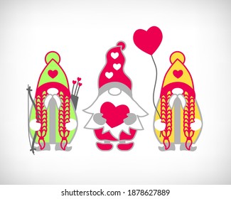 Valentine's day Gnome with heart on white background. Scandinavian Nordic Gnomes set, Valentine's cute gnomes collection. Dwarf holding heart with love. Greeting card, banner, print, t shirt design.