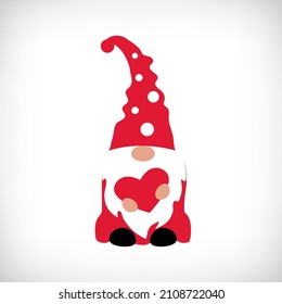 Valentine's day Gnome with heart on vignette background. Scandinavian Nordic Gnomes collection. Valentine red dwarf holding heart with love. T shirt design, print, mug. Vector illustration.