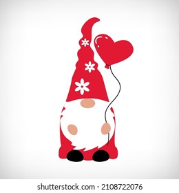 Valentine's day Gnome with heart on vignette background. Scandinavian Nordic Gnomes collection. Valentine red dwarf holding heart with love. T shirt design, print, mug. Vector illustration.