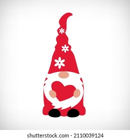 Valentine's day Gnome with heart on vignette background. Scandinavian Nordic Gnomes collection. Valentine red dwarf holding heart with love. T shirt design, print, mug. Vector illustration.