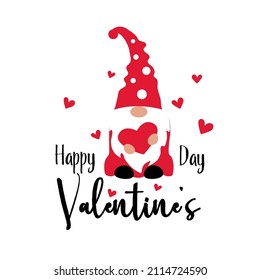Valentine's day Gnome with heart on white background. Scandinavian Nordic Gnomes collection. Valentine red dwarf showing heart with love. Lettering Happy Valentine's Day. Vector illustration.