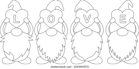 Valentine's day Gnome with hearts coloring vector illustration