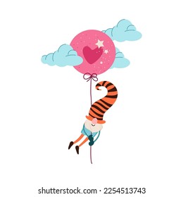 Valentines Day Gnome on balloon with heart. Perfect for sticker kit, scrapbooking, party invitation, gift tag. Editable stroke. Vector illustration.