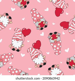 Valentine's Day Gnome Seamless pattern on pink background. vector illustration.