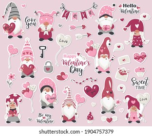 Valentine's Day Gnome stickers Collection. Vector illustration for design of planners, notebooks and more